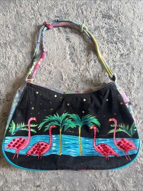 Black Flamingo-Print Shoulder Bag with Multicolor Trim